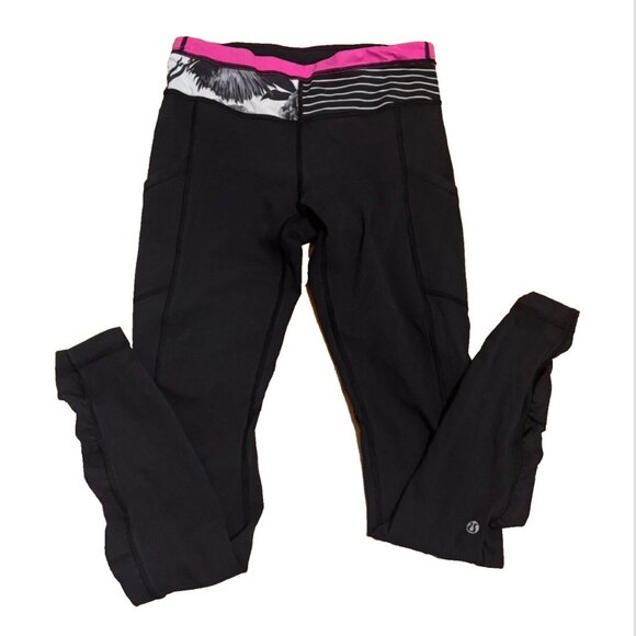 Lululemon Original Speed Ruffle Sides Pockets Black Leggings Womens Size 4 - Picture 1 of 5